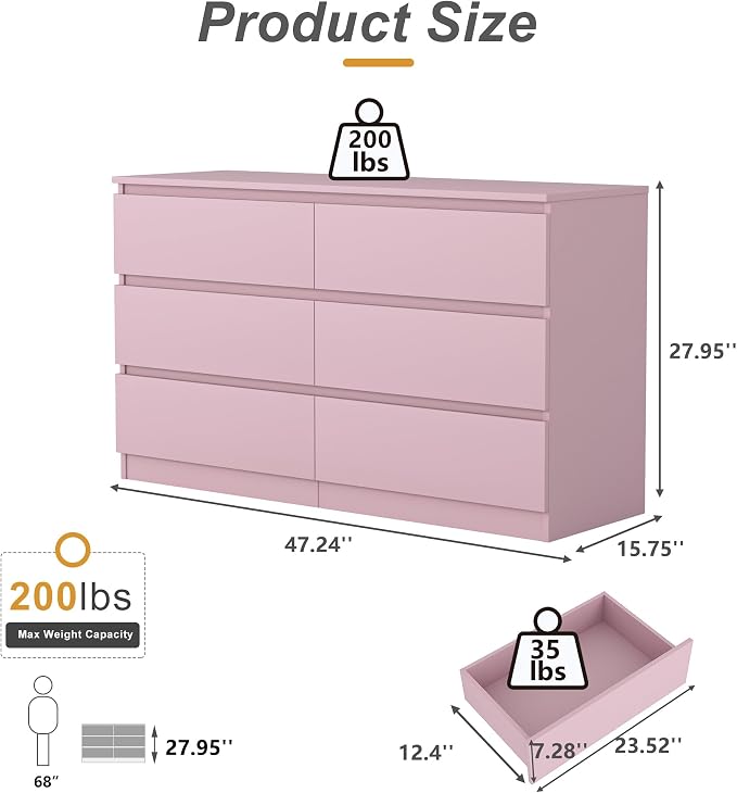 Vibe & Dine 6 Drawer Double Dresser, Modern Chest of Drawers with Wide Storage for Closet, Bedroom, Living Room, Pink