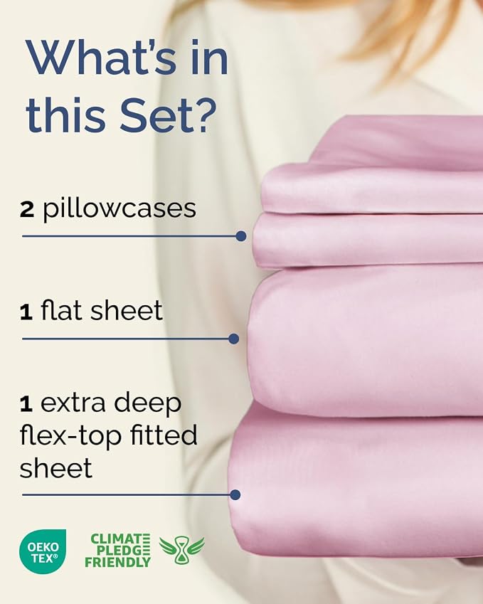 Flex Top Split Head King Sheet Set - 4 Piece Extra Deep Sheets - Light Pink | Easily Fits 18 to 24 inch Mattress, Ultra Soft, Wrinkle & Fade Free with Extra Deep Pockets, Comfy Hotel Luxury Bedding