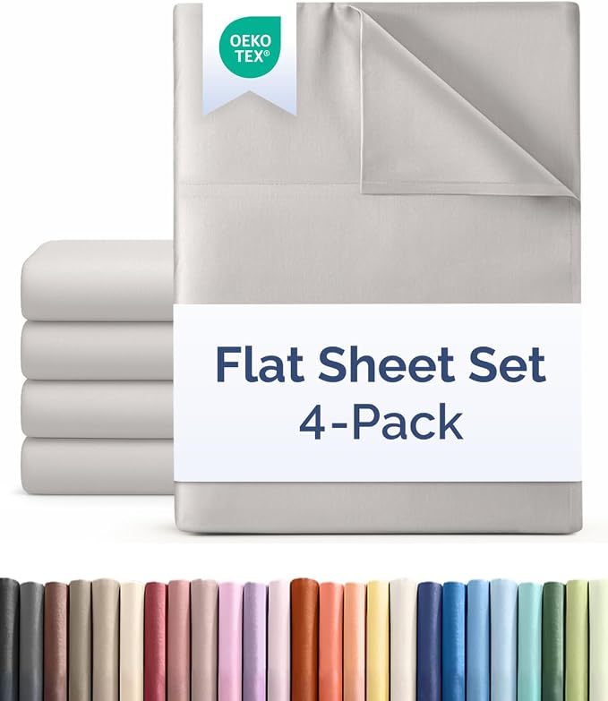 Twin XL Size Flat Sheet - Pack of 4, College Dorm Essentials - Light Grey | Ultra-Soft, Comfy, Breathable & Cooling, College Dorm Room, Fade & Wrinkle Free, Stain & Shrink Resistant Bedding, Oeko-Tex