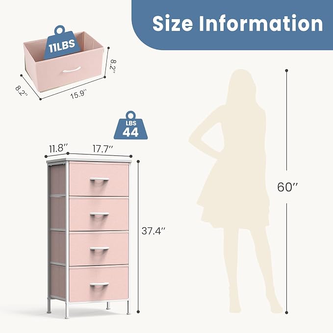 DUMOS Nightstand, Bedside Table with 4 Fabric Drawers | Night Stand with Sturdy Steel Frame Wood Top, Small Narrow Dresser Organizer Furniture, Bedroom Closet Living Room, Pink