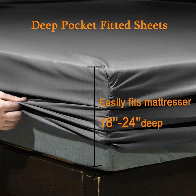 SONORO KATE Bed Sheet Set Super Soft Microfiber 1800 Series Luxury Egyptian Sheets Fit 18-24 Inch Deep Pocket Mattress Wrinkle-6 Piece (Dark Grey, California King)