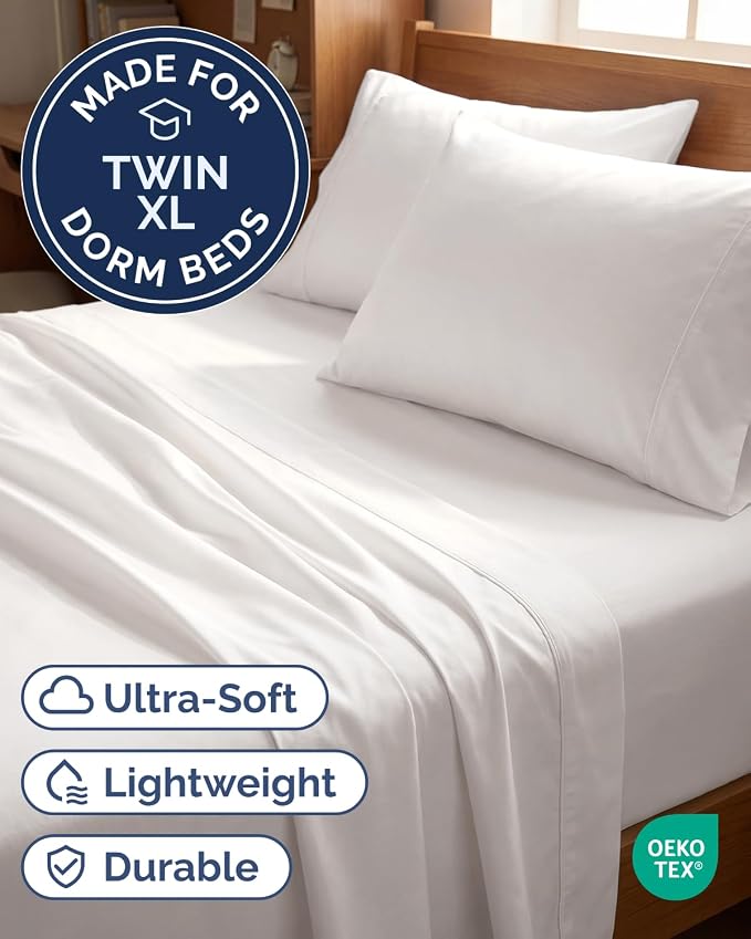 Twin XL 4 Piece Sheet Set - College Dorm Room Essentials - Antique White | Ultra Soft Dorm Bedding Set, 8" to 16" Inch Deep Pockets, 1 Flat & 1 Fitted Sheet & 2 Pillowcases, Wrinkle & Fade Free