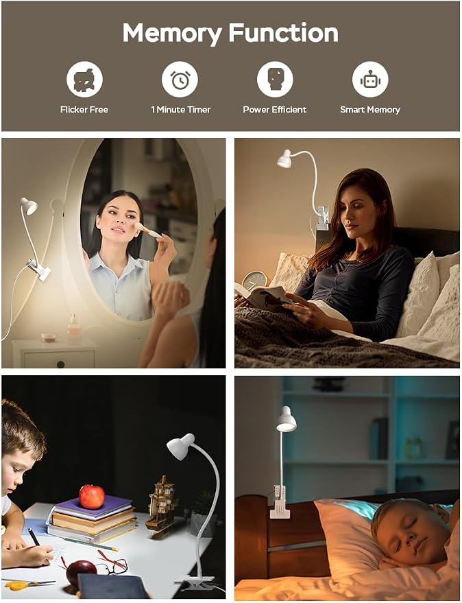 LiFMIRA Clip on Lamp USB Reading Light, Desk Lamp with Clamp White | 3 Color Modes, 10 Dimmable Brightness Eye Care Clamp Lamp with Flexible Gooseneck for Reading in Bed Desk Headboard Computer