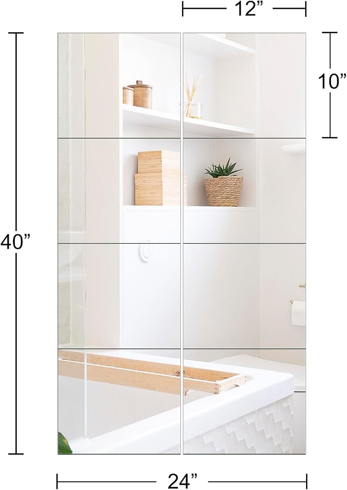 Full Length Mirror Tiles, 12" x 10" x 8PCS Frameless Wall Mounted Mirror | Square Large Wall Mirror Tiles for Home Gym, Bedroom, Door, Bathroom, Frameless Mirror Sets