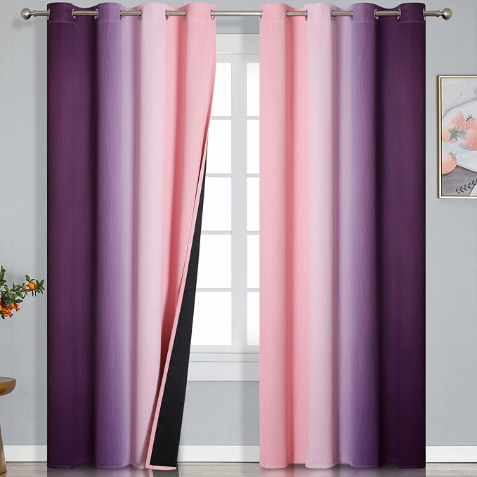 Pink and Purple Ombre Blackout Curtains for Girls Bedroom 90 Inches Long | Estelar Textiler Kids Living Room Curtains,Thermal Insulated, Energy Saving Gradient Grommet Drapes,52Wx90L Inch, 2 Panels