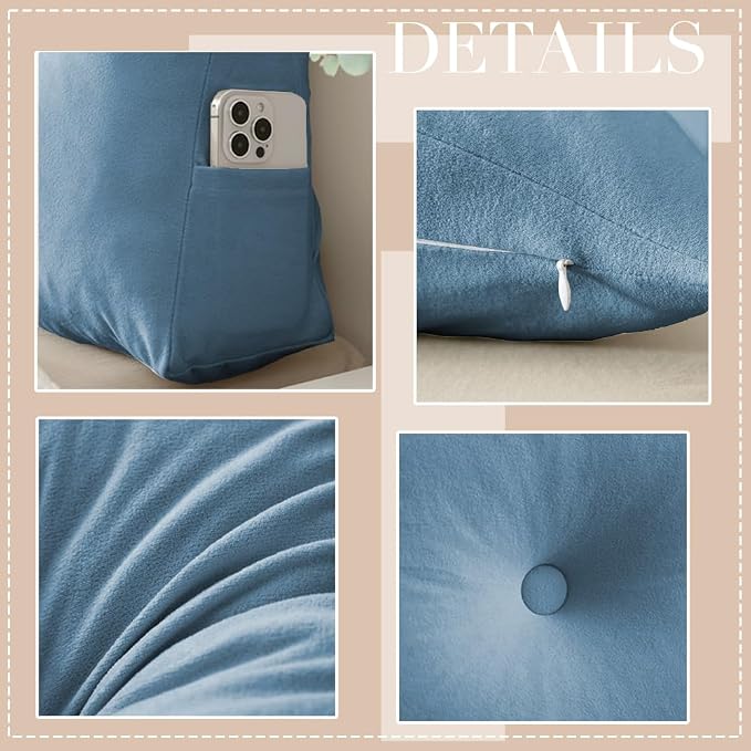 Wedge Headboard Pillow Twin XL, College Dorm Essentials Bed Reading | 39.4*15.7*5 in, back rest, lumbar support, sleeping & reading pillow, plush velvet cover, pp cotton inner, side pockets, blue
