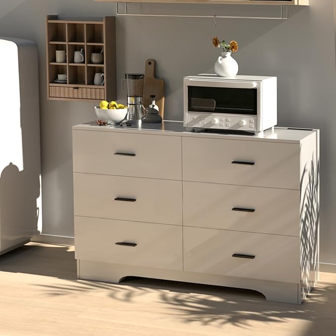 FJTJBSI Dresser with Power Outlets Wooden 6 Drawer Dresser with USB and Type C Port Chest of Drawers for Bedroom Tall White Storage Organizer for Living Room Hallway Closet