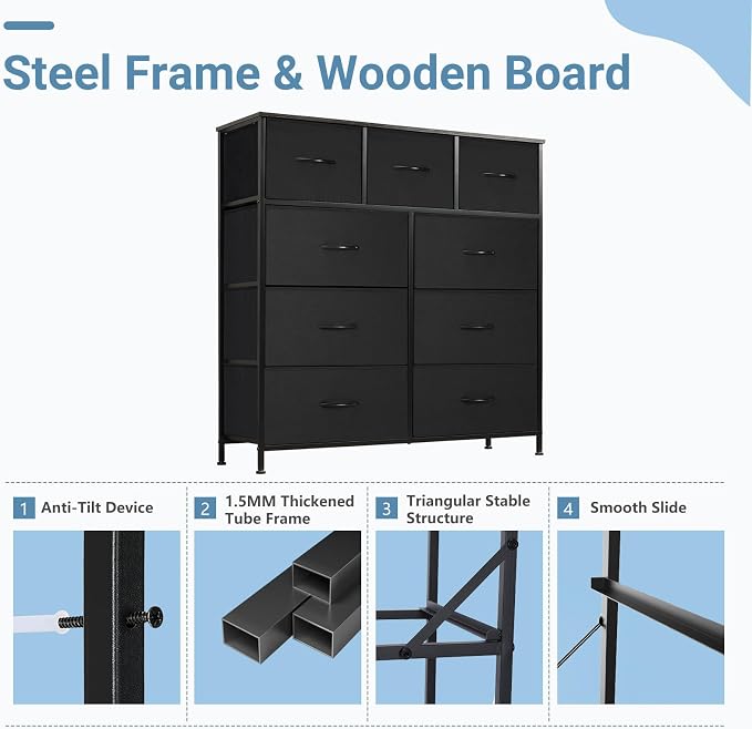 DUMOS Dresser for Bedroom, Storage Organizer with 9 Drawers | Chest of Drawers with Fabric Bins, Sturdy Metal Frame, Wood Tabletop for Guest Room, Closet, Entryway, Solid Black