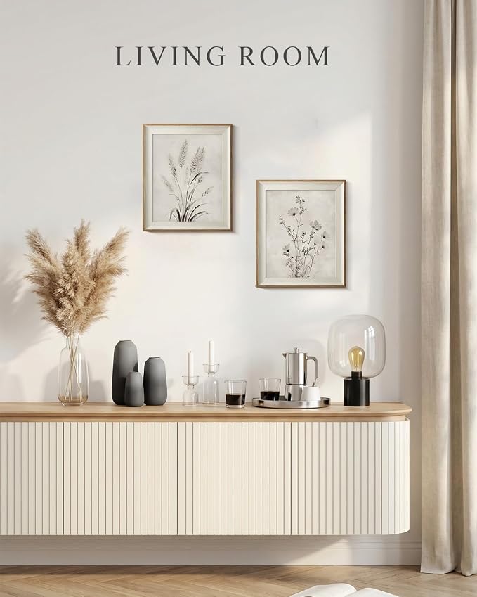 VIYYIEA Framed Botanical Wall Art Set of 2, Wildflower and Pampas Grass Canvas Prints, Minimalist Nature Home Decor, Elegant Living Room Bedroom Office Wall Decorations, 10x12 Inch