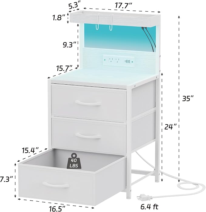 LED Night Stand with Charging Station Set of 2, 3 Fabric Drawer, White | Nightstand Bedside Table with USB Ports and Outlets, End Side Table Night Stand for Bedroom with Storage Shelf and Hooks