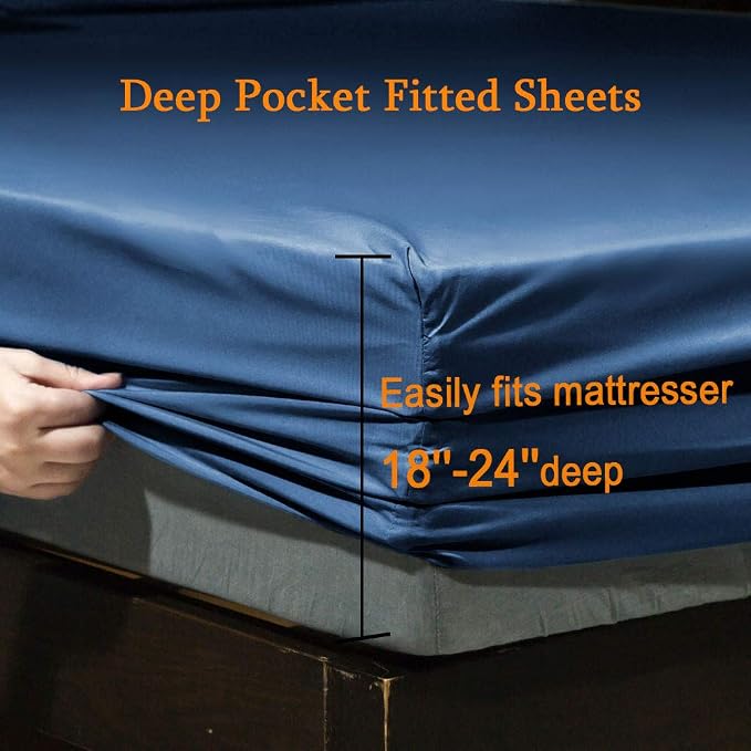 SONORO KATE Bed Sheet Set Super Soft Microfiber 1800 Series Luxury Egyptian Sheets Fit 18-24 Inch Deep Pocket Mattress Wrinkle-6 Piece (Navy Blue, King)