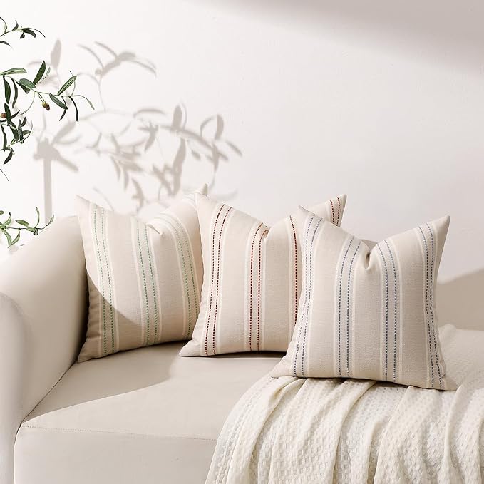 Hckot Stripe Throw Pillow Covers 16x16 Set of 2 Light Green Pillow Covers | Farmhouse Decorative Pillows Textured Linen Square Cushion Covers for Sofa Couch Bed Living Room Decor