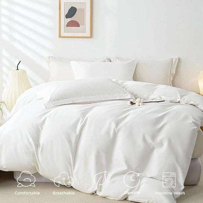 OAITE Duvet Cover Set 100% Washed Cotton Solid 3pcs | Soft,Durable,Long-staple Cotton,Hidden Zipper with 8 Interior Corner Ties,2 Pillowcases,68"X90"