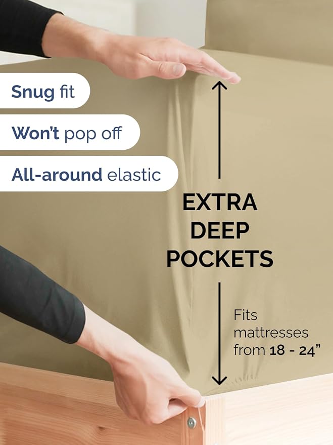 Extra Deep Split King Sheet Set - 5 Piece Breathable Cooling Sheets - Beige | Easily Fits 18 to 24 inch Mattress - Ultra Soft, Wrinkle & Fade Free with Extra Deep Pockets - Comfy Hotel Luxury Bedding