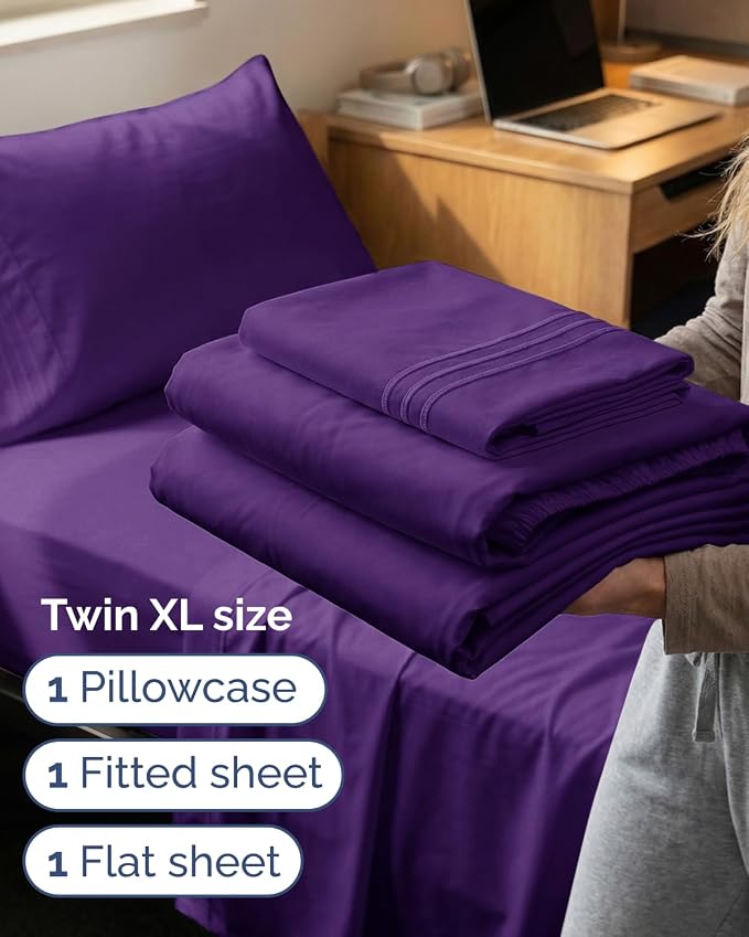 Twin XL 3 Piece Sheet Set - College Dorm Room Essentials - Purple | Deep Pocket Bed Sheets for Women, Men, Teens & Students, Soft, Cooling, Breathable & Wrinkle Free, Oeko-Tex Bed Sheet Set