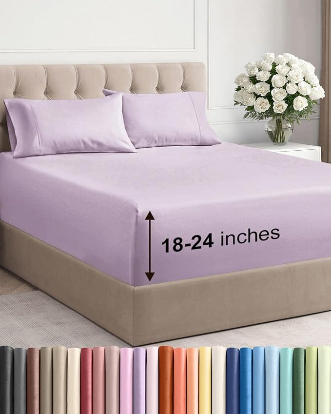 Extra Deep Twin Sheet Set - 4 Piece Breathable & Cooling - Light Lavender | Hotel Luxury Bed Sheets Set, Easy & Secure Fit, Ultra-Soft, Wrinkle & Fade Free, Comfy Sheets Set with Extra Deep Pockets