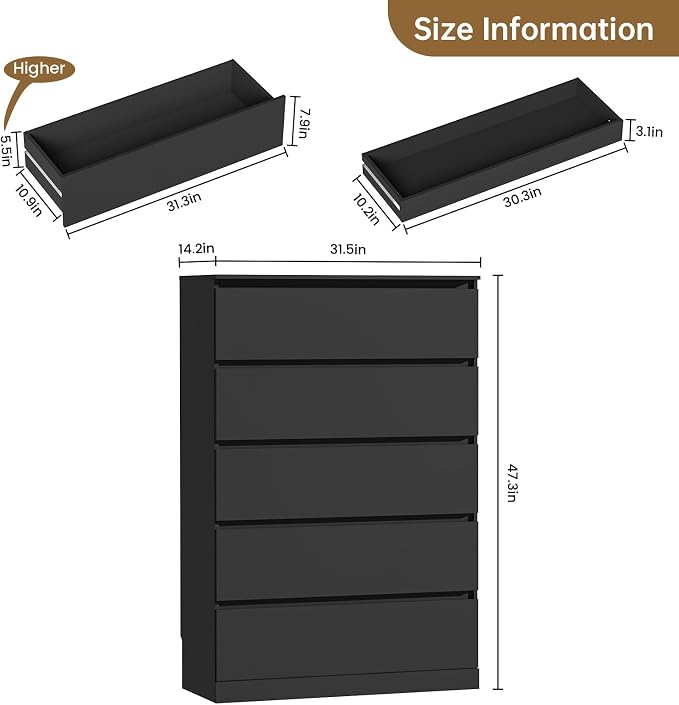 Dresser for Bedroom with 5 Drawers, 14.2" D x 31.5" W x 47.3" H, Black | Modern Chest of Drawers with Hidden Drawer,Wood Storage Dresser, Storage Organizer for Living Room, Closet, Hallway