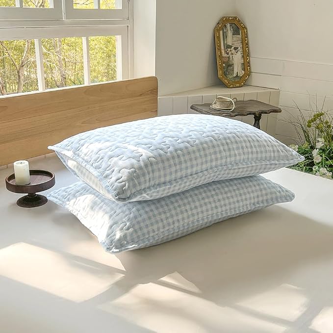 NSNLGSGC Light Blue Gingham King Summer Bedspread Quilt Set | Pre-washed Microfiber,Lightweight Checked Grid Bedding Coverlets for All Seasons