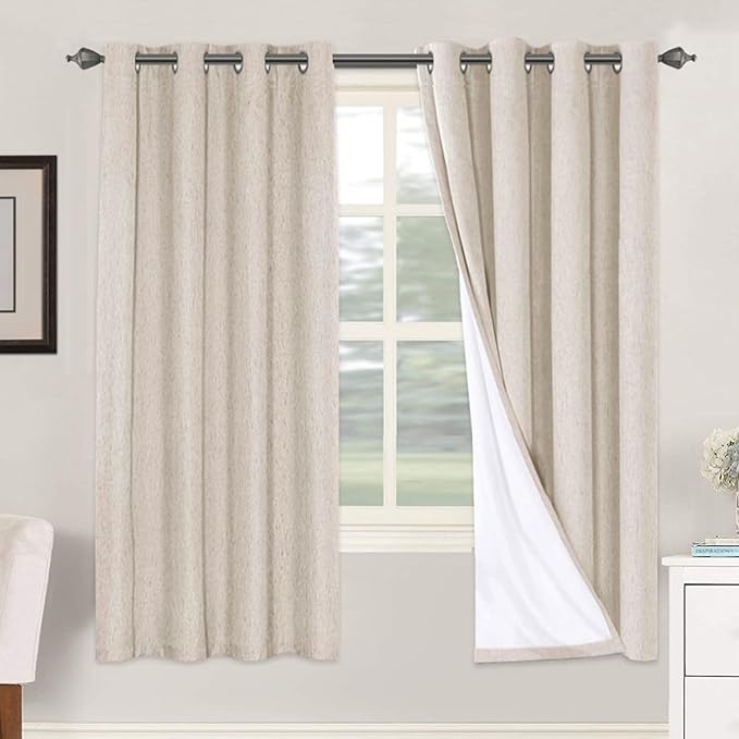 H.VERSAILTEX 72 inch Blackout Curtains, 100% Absolutely Blackout Thermal Insulated Textured Linen Look Curtain Draperies Anti-Rust Grommet Linen Curtains Blackout, 2 Panels, Natural