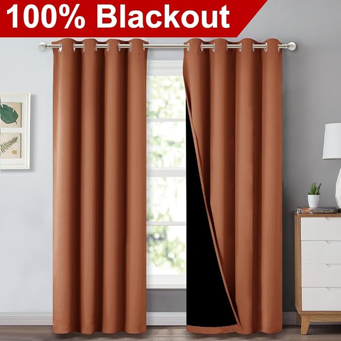 NICETOWN Burnt Orange Blackout Curtains for Nursery 52" w x 84" L 2 Panels | 100% Room Darkening Heat Cold Blocking Drapes with Black Liner, Thermal Insulated Draperies for Bedroom Window Decor