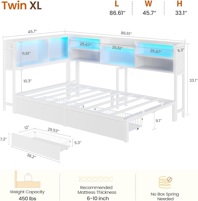 DICTAC Corner Bed Frame Twin XL with 2 Storage Drawers and Bookcase Headboard, Twin XL Corner Platform Bed with Led Lights and Charging Station,Metal Daybed with Storage for Kids,Teens & Guests,White