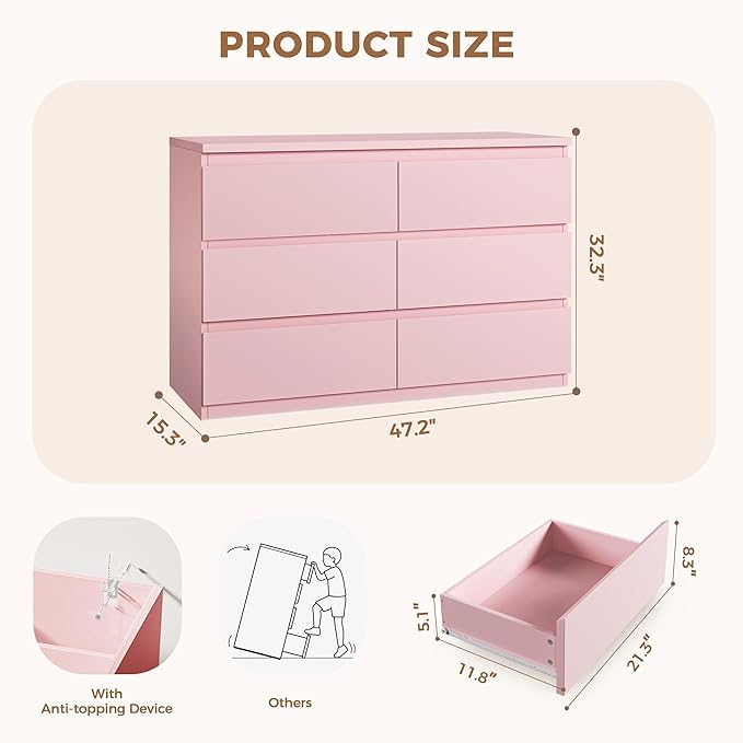 6 Drawer Double Dresser for Bedroom, Modern Simply Chest of Drawers, Wood Storage Dresser with Anti-Tipping for Living Room Hallway Entryway, Nursy Pink (15.3" D x 47.2" W x 32.3" H)