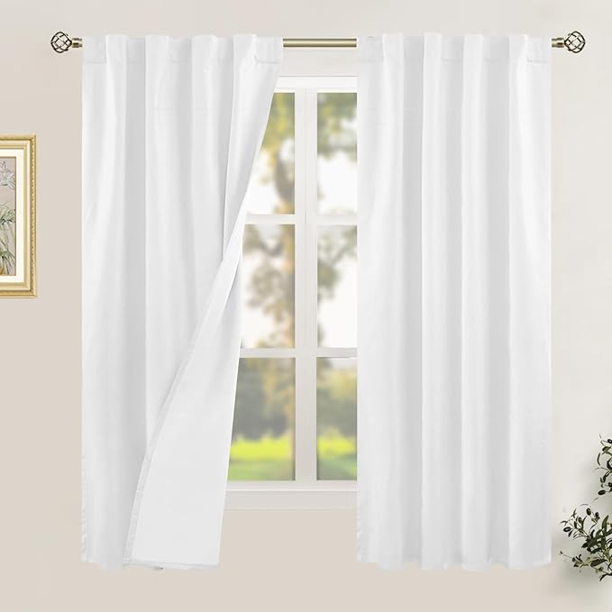 White 100% Blackout Linen Bedroom Curtains 63 Inches 2 Panels | Neutral Drapes for Short Windows, Farmhouse, Thermal Insulated Panels, Rod Pocket Back Tab, with White Liner, 38 x 63 Inch