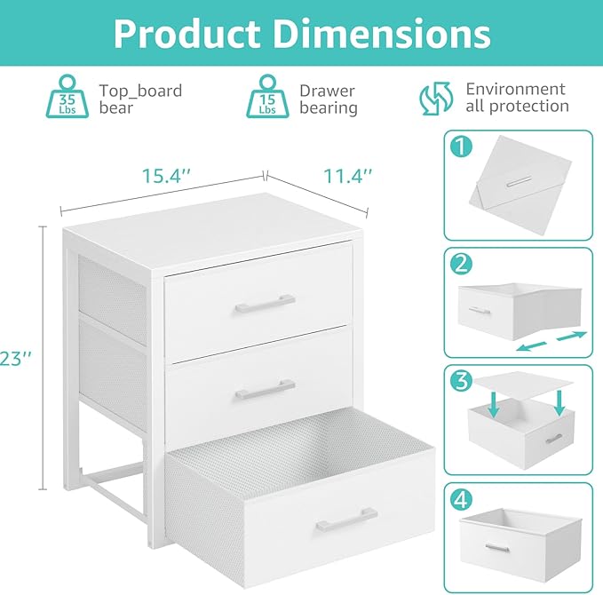 BOLUO Closet Drawers White Fabric 3 Drawer Small Dresser for Closet Organizers and Storage Bedroom Dorm Modern