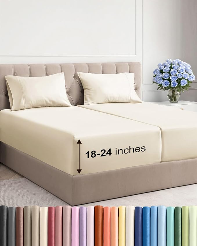 Extra Deep Split King Sheet Set - 5 Piece Soft & Cooling Sheets - Off White | Easily Fits 18 to 24 inch Mattress - Ultra Soft, Wrinkle & Fade Free with Extra Deep Pockets - Comfy Hotel Luxury Bedding