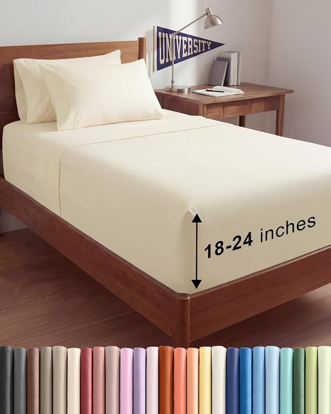 Extra Deep Twin XL Sheet Set - 4 Piece College Dorm Room - Off White | College Dorm Room Essentials, Easy & Secure Fit, Ultra-Soft, Wrinkle & Fade Free, Comfy Sheets Set with Extra Deep Pockets