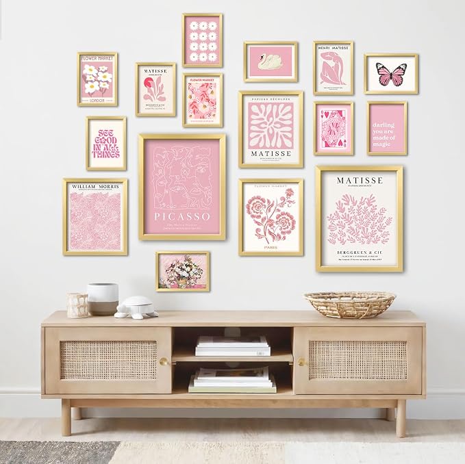 16 PCS Pink Wall Art Decor, Matisse Gallery Wall Prints for Bedroom, Light Pink Posters for Room Aesthetic, Collage Kit Pictures for Living Room, Teen Girls Dorm Home Artwork