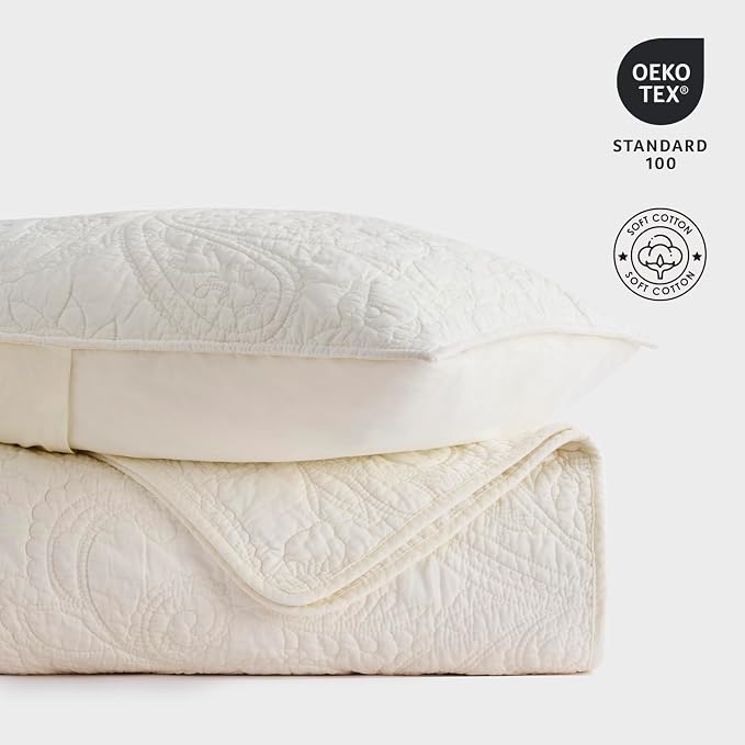 EVERGRACEHOME 100% Cotton Paisley Quilt Set, King Size, Ivory Cream | Prewashed for Softness, Year-Round Breathability, Gift-Ready Box, Matelasse-style Quilted Coverlet, 3 Piece Set with 2 Shams