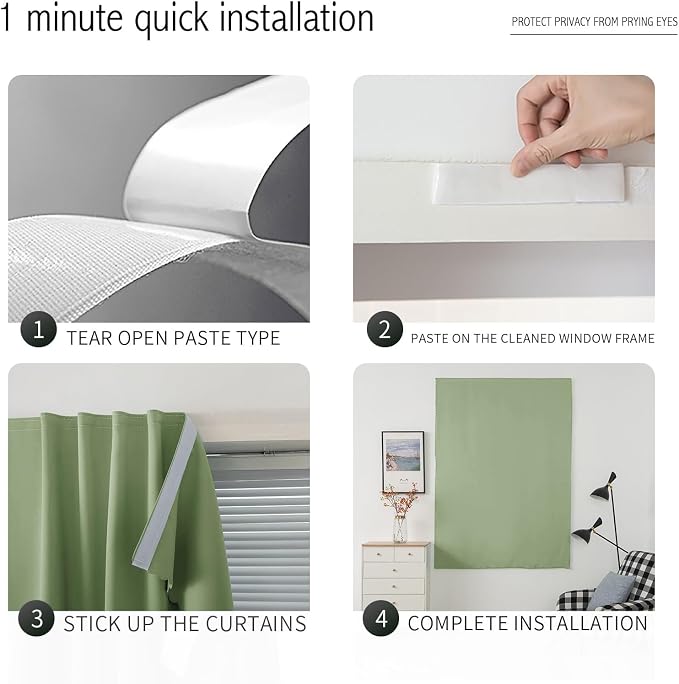 Magic Tape Blackout Curtains for Bedroom No Drillng Self Adhesive Curtains No Rod Small Window, 35" W X 59" L, Sage Green, 1 Panel