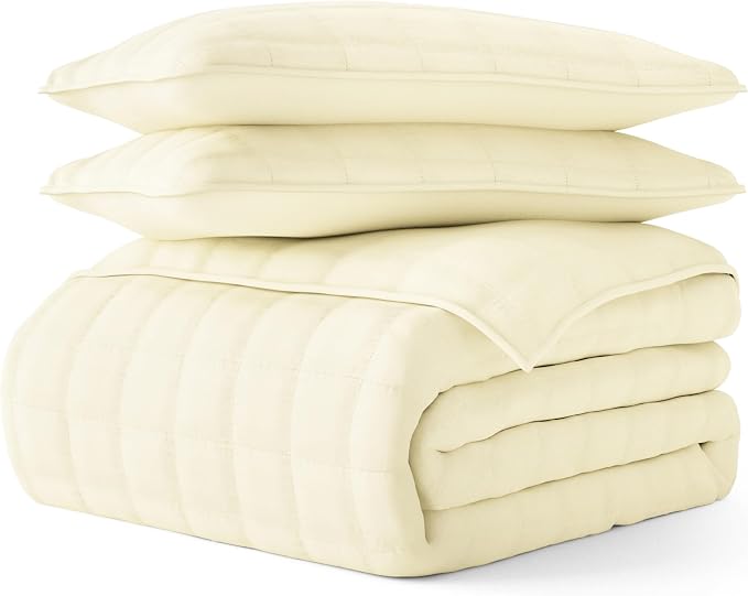 Merit Linens Classic Quilt Coverlet Soft Set in Square Stitching - King/Cal-King Yellow