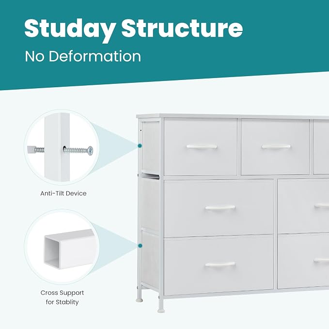 OLIXIS 7 Drawer Fabric Dresser, Storage Tower for Bedroom and Closet | White Easy-Pull Bins for Closet Organizers, Chest of Drawers with Sturdy Steel Frame & Wooden Top for Living Room, Entryway