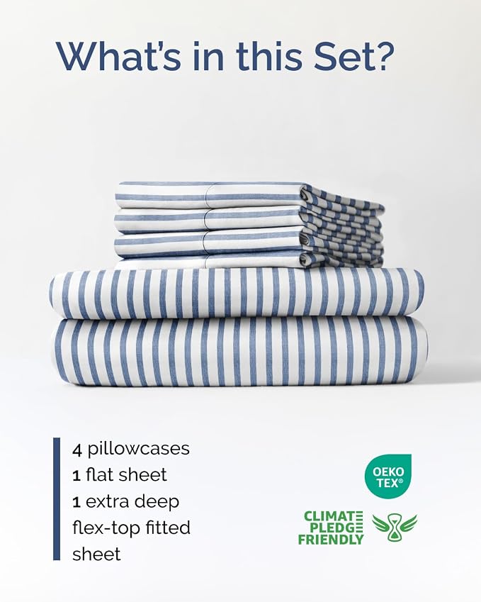 Flex Top Split Head King 6 Piece Sheet Set - Soft & Cooling - Blue Stripes | Ultra Soft Hotel Luxury Bedding Set w/ 8-16 Inch Deep Pockets, 1 Flat & 1 Split-Head Fitted Sheet & 4 Pillowcases, Fade Free