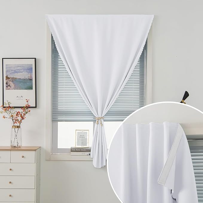 self Adhesive Curtains Portable Blackout Curtain Simple and Easy to Install Bedroom Window Thermal Lnsulated Kitchen Room Darkening Black Small Drapes, 59" W X 71" L, White, 2 Panels
