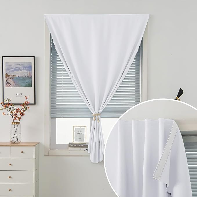 Thermal Blackout Curtains with Self-Adhesive Tape, No Rod No Drill Easy Install Window Cover for Bedroom Kitchen Dorm, 71" W x 59" L, White, 1 Panel