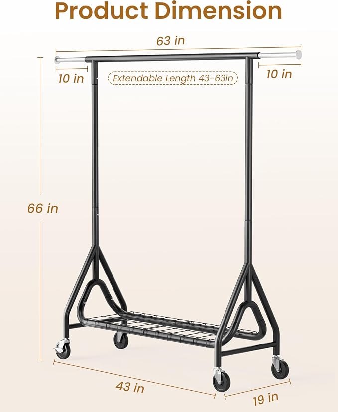 Heavy Duty Garment Rack, Metal Clothes Rack Load 450 LBS, Rolling Clothing Racks for Hanging Clothes with Lockable Wheels, Wardrobe Closet Coat Racks for Bedroom, Black