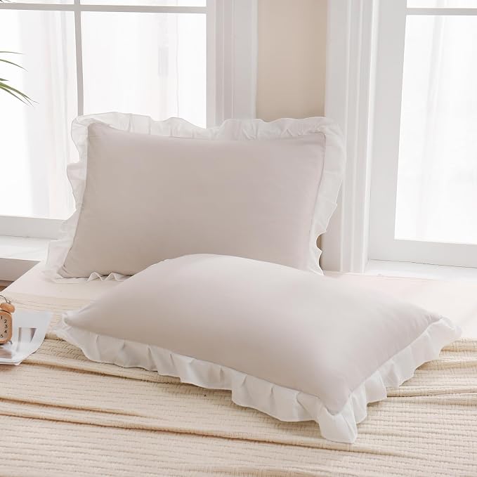 Merryword Beige Pillow Shams Beige and White Reversible King Pillowcases Cute Pillow Cover Set of 2 Soft Shabby Chic Ruffled Pillowcases 2 Pack (King (20''x36''), Beige White)