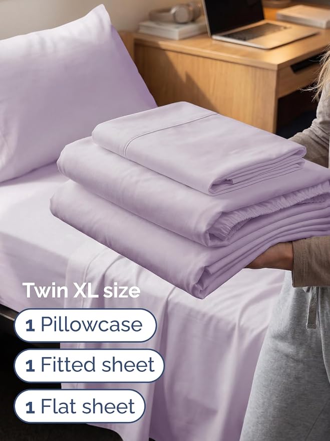 Extra Deep Twin XL Sheet Set - 3 Piece College Dorm Room - Light Lavender | Soft, Breathable & Cooling, Easily Fits 18 to 24 inch Mattress, Wrinkle Free & Fade Resistant with Extra Deep Pockets