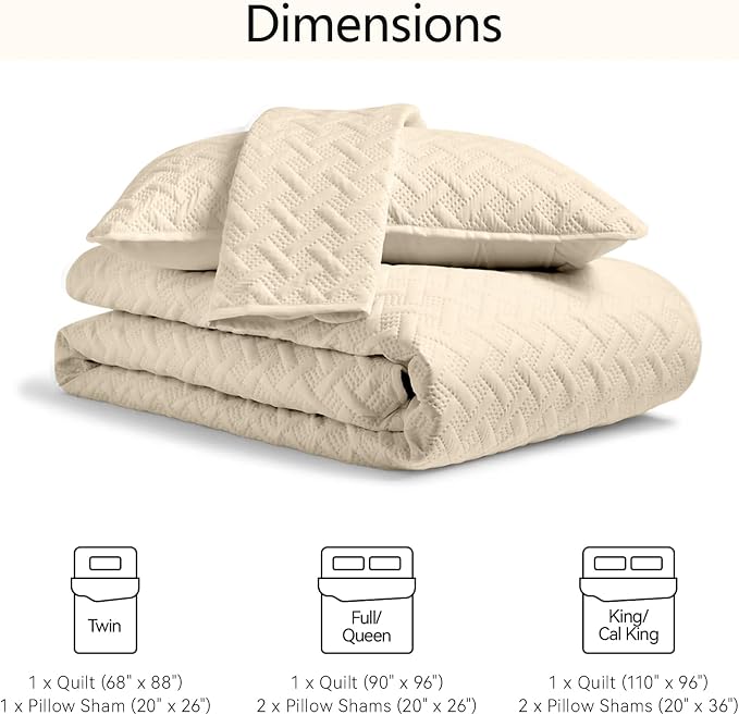 FLYMME Beige King Quilt Bedspreads,Modern Style Geometric Weave Stripe Pattern, 3 Pieces Lightweight Bedding Sets, Microfiber Quilted Comforter Coverlet for All Season (1 Quilt, 2 Shams)