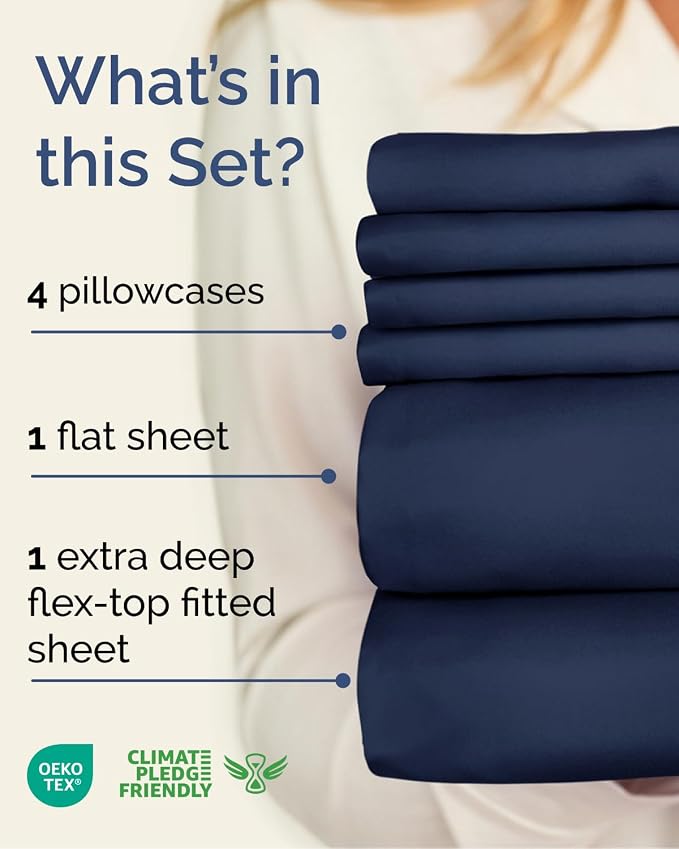 Flex Top Split Head King 6 Piece Sheet Set - Soft & Cooling - Navy Blue | Ultra Soft Hotel Luxury Bedding Set w/ 8-16 Inch Deep Pockets, 1 Flat & 1 Split-Head Fitted Sheet & 4 Pillowcases, Fade Free