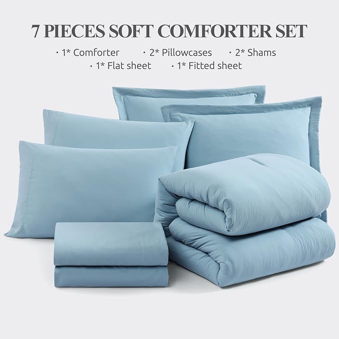 Queen Comforter Set-7 Pieces Soft Prewashed Bed in a Bag Queen Bedding Sets | All Season Comforter with Sheets, Pillow Shams & Pillowcases, Sky Blue