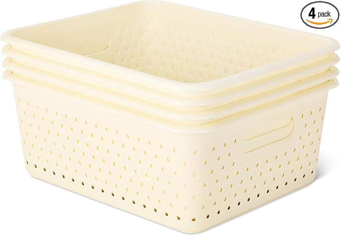 Amazon Basics Decorative BPA-Free Plastic Storage Baskets, 13.66 x 11.34 x 5.39 inches, Ivory, 4-Pack