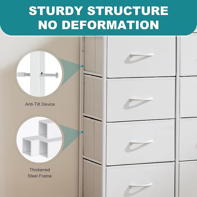 OLIXIS 8 Drawer Storage Dresser for Bedroom, White Closet Organizers Units | Fabric Dresser with Wooden Top, Chest of Drawers Clothes Storage, Tower Cabinet for Living Room, TV Stand Furniture
