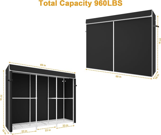 ULIFHOME E14C Pro Heavy Duty Closet Organizer System，Freestanding Clothing Racks for Hanging Clothes，Adjustable Garment Rack 69" W × 16" D × 77" H Hold 960 lbs，White Rack with Black Dustproof Cover