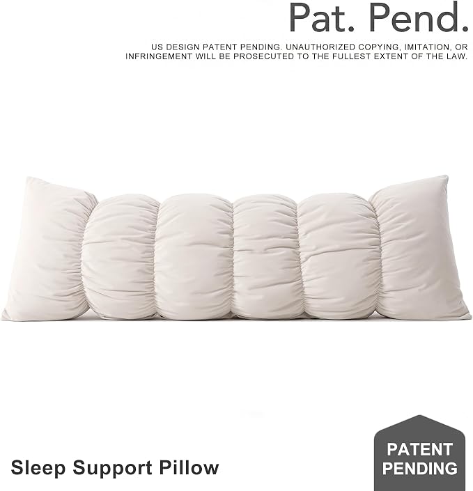 Pat. Pend. Long Bed Pillow for Side Sleepers, 47 Inch, Misty White | Segmented full body pillow for adults with a removable, washable soft velvet cover; long bed pillow for comfortable sleeping.