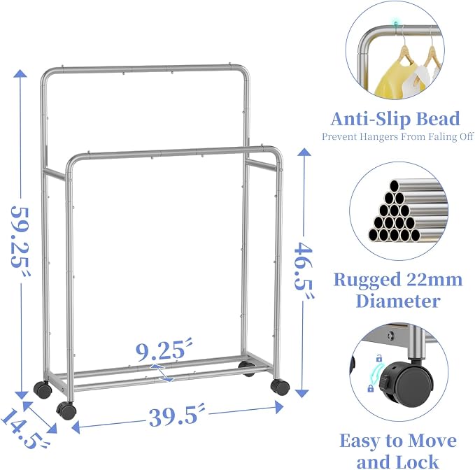 Simple Trending Clothing Clothes Rack, Double Rod Garment Rack, Silver | Portable Closet with Bottom Shelf, Anti-Slip Stoppers, 360° Lockable Wheels, Multiple Uses, Bedroom, Laundry Room