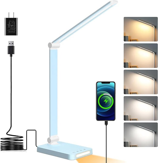 LED Desk Lamp with USB Ports,Touch Desk Lamps for Home Office with 5 Modes | 3 Brightness Desk Light with Small Night Light,Reading Lamp Table Lamp for Bedroom Bedside Study Blue （with adapter）